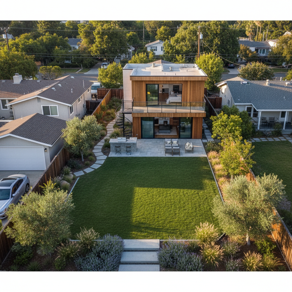 Two-Story ADU: When Vertical Makes Sense for Your Project — Photorealistic, aerial view showing a two-story ADU nestled in a residential California backyard, de