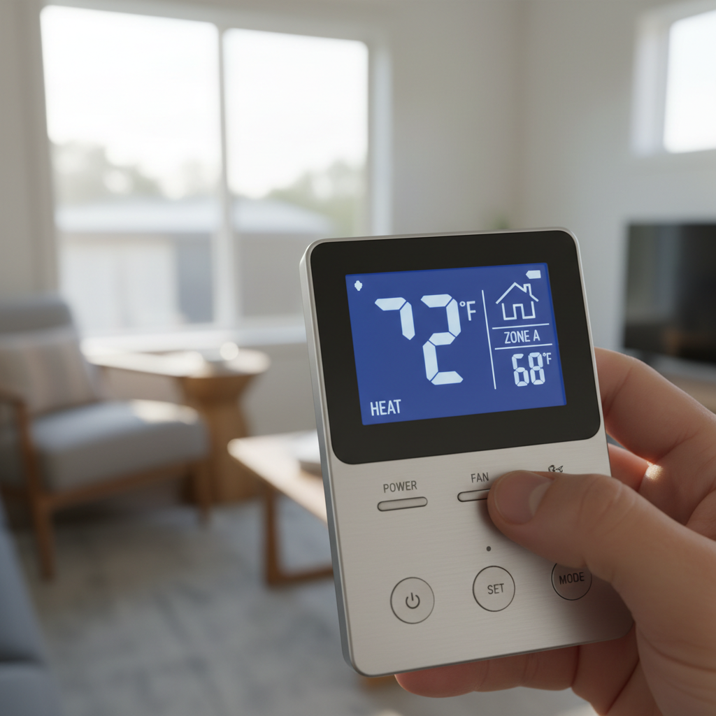Why Most ADUs Use a Mini-Split System and How It Works — A close-up of a digital thermostat or remote control for a mini-split system, displaying temperature se