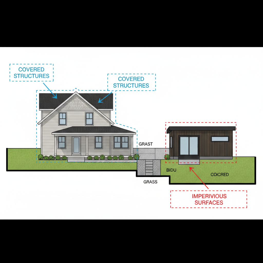 Lot Coverage & ADUs: Your Guide to California Regulations — A detailed illustration showing a cross-section of a property with an existing main house, a new det