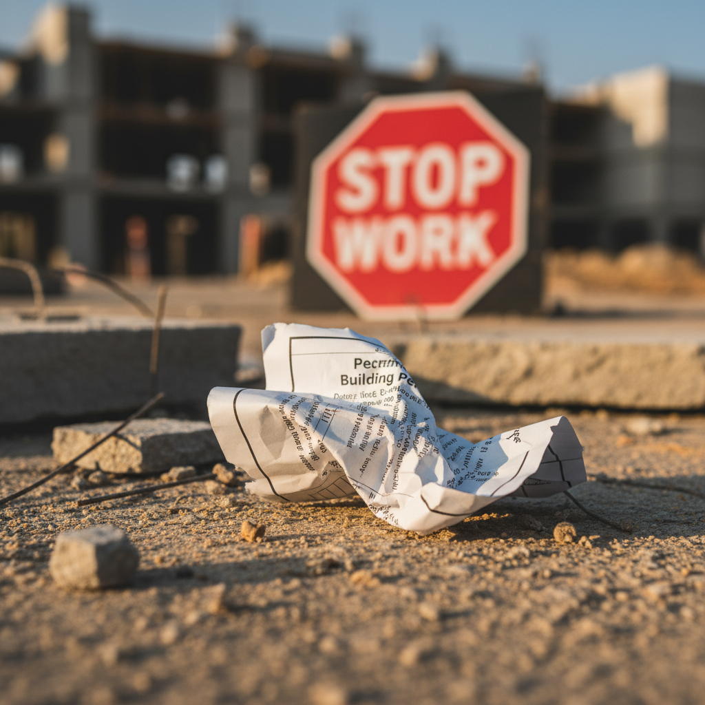 When ADU Construction Stops: Your Guide to Next Steps — A close-up shot of a crumpled building permit on a construction site, with a 'STOP WORK' sign faintly vi