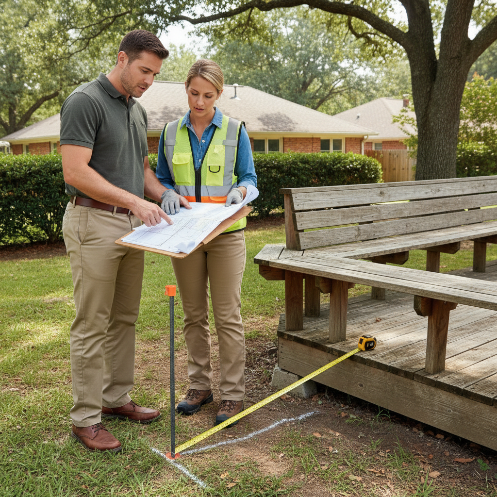 What Is an Encroachment and How It Can Affect Your ADU Project — A photorealistic image showing a homeowner and a licensed land surveyor reviewing blueprints an