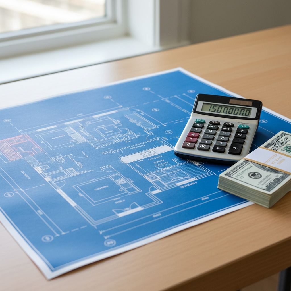 What Is an ADU Impact Fee and When Is It Waived in California — A detailed blueprint or architectural drawing of an ADU with sections highlighted, and a calcula