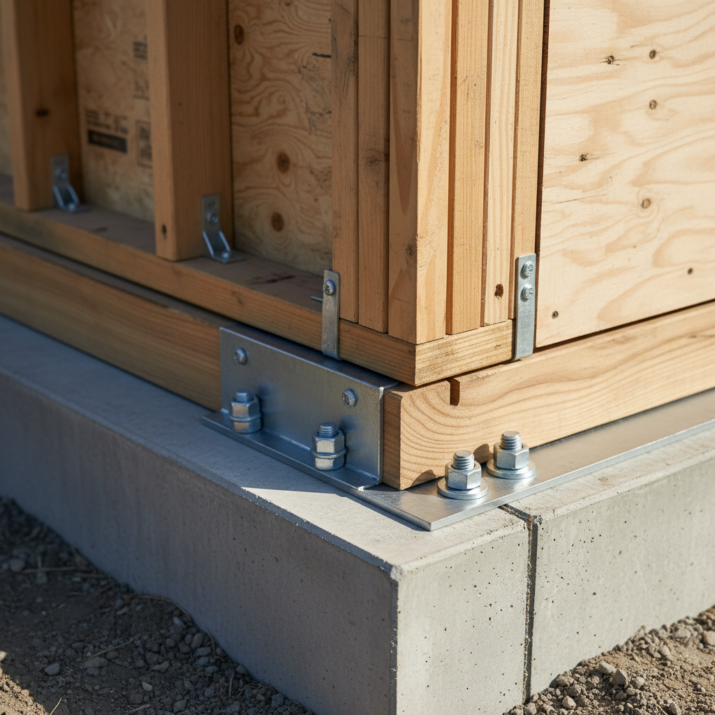 Through-Bolt Connections: The Unsung Heroes of ADU Strength — A photorealistic rendering showing a cross-section of an ADU's foundation and wall framing, with a