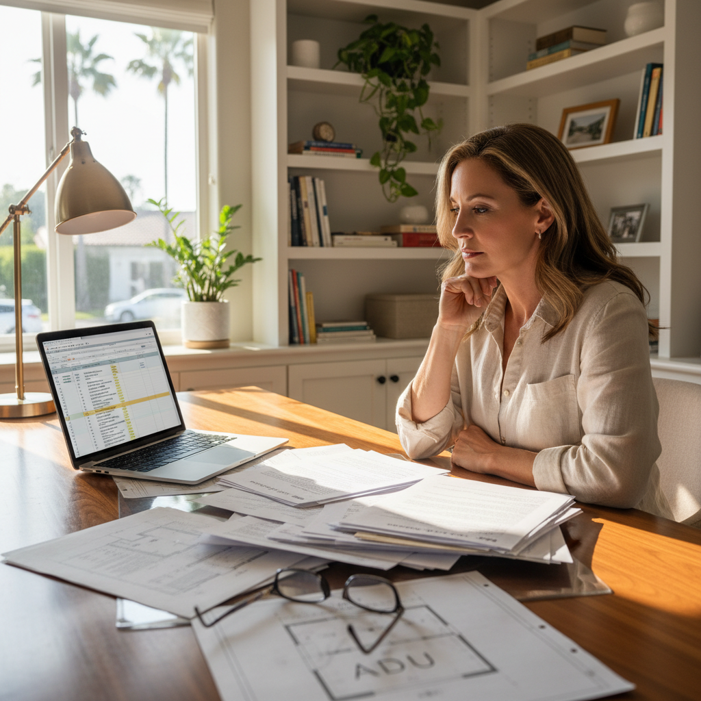 Deed Restrictions & Your ADU in California: What to Know — A California homeowner sitting at a desk, looking thoughtfully at a stack of property documents and a