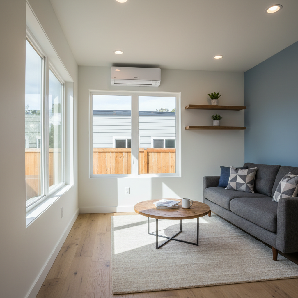 Converting a Garage to an ADU: Navigating Title 24 — Photorealistic interior shot of a stylish, compact ADU living space featuring modern, energy-efficient doub