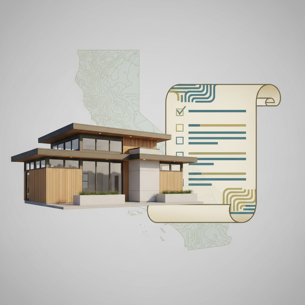 California HCD & ADUs: Understanding State Oversight — A composite image showing an architectural rendering of a contemporary ADU next to a stylized representat