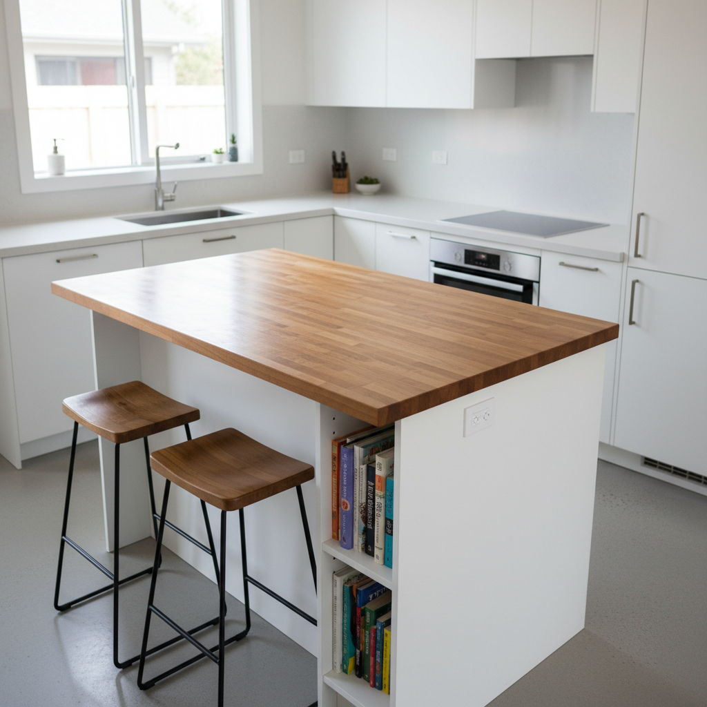 What Is a Kitchen Island and When Is One Practical in an ADU — A compact, multi-functional kitchen island in a stylish ADU. The island has a butcher block top,