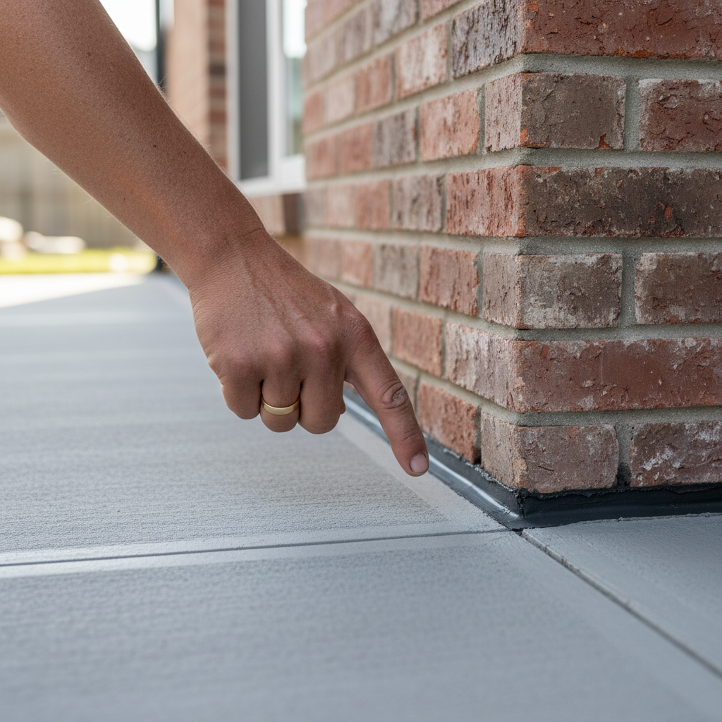 ADU Expansion Joints: What They Are & When They're Required — A builder's hand pointing to a properly installed expansion joint at the edge of a finished ADU co