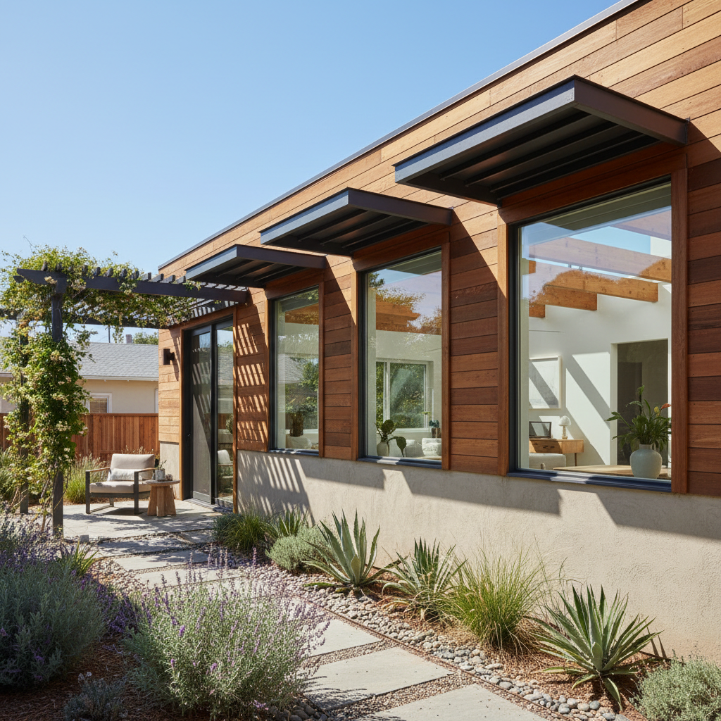 18. How to Orient Your ADU on the Lot for Privacy and Natural Light — A close-up view of an ADU's south-facing facade, featuring strategically placed windows wi