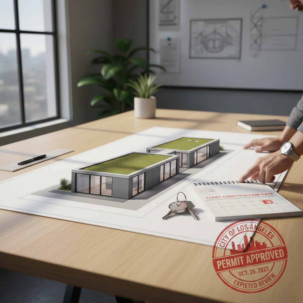California Pre-Approved ADU Plans: Your Fast Track to an ADU? — An architectural rendering showing a modular, sleek pre-approved ADU design plan laid out on a t