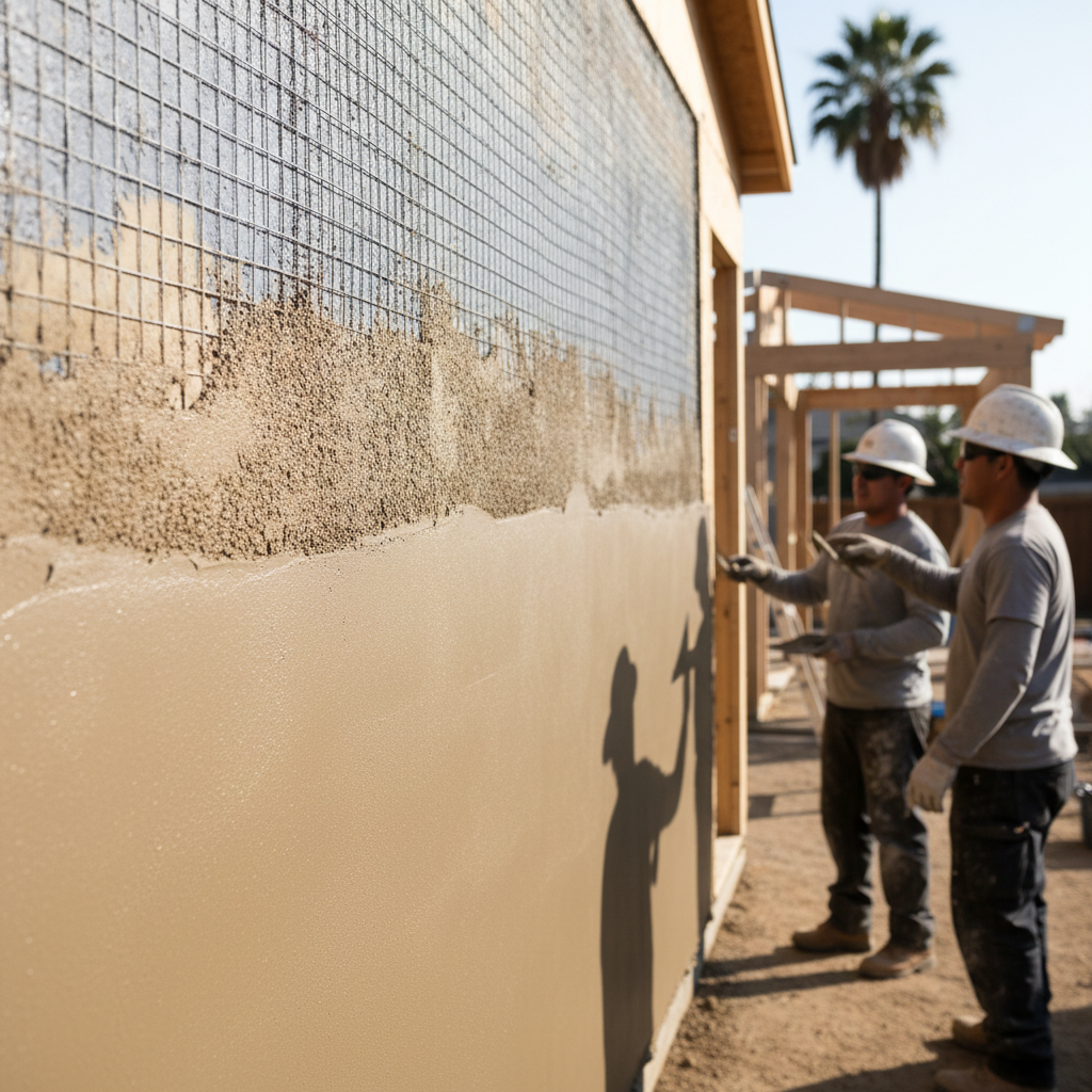 Stucco for Your California ADU: Pros, Cons & Expert Guide — An in-progress shot of an ADU construction site in California, focusing on a wall where stucco is be