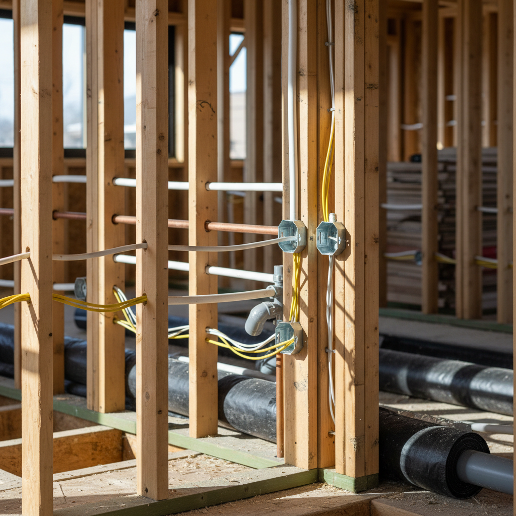 Photorealistic close-up interior construction photo showing exposed plumbing pipes and electrical wires running through wooden wall framing. Visible copper or P