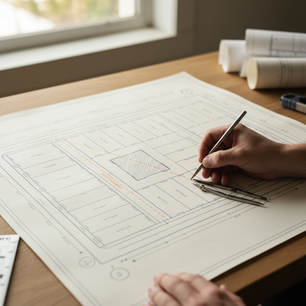 What Is a Title Report and Why It Matters for Your ADU — A detailed plat map or survey document, clearly showing property lines and a marked utility easement ru