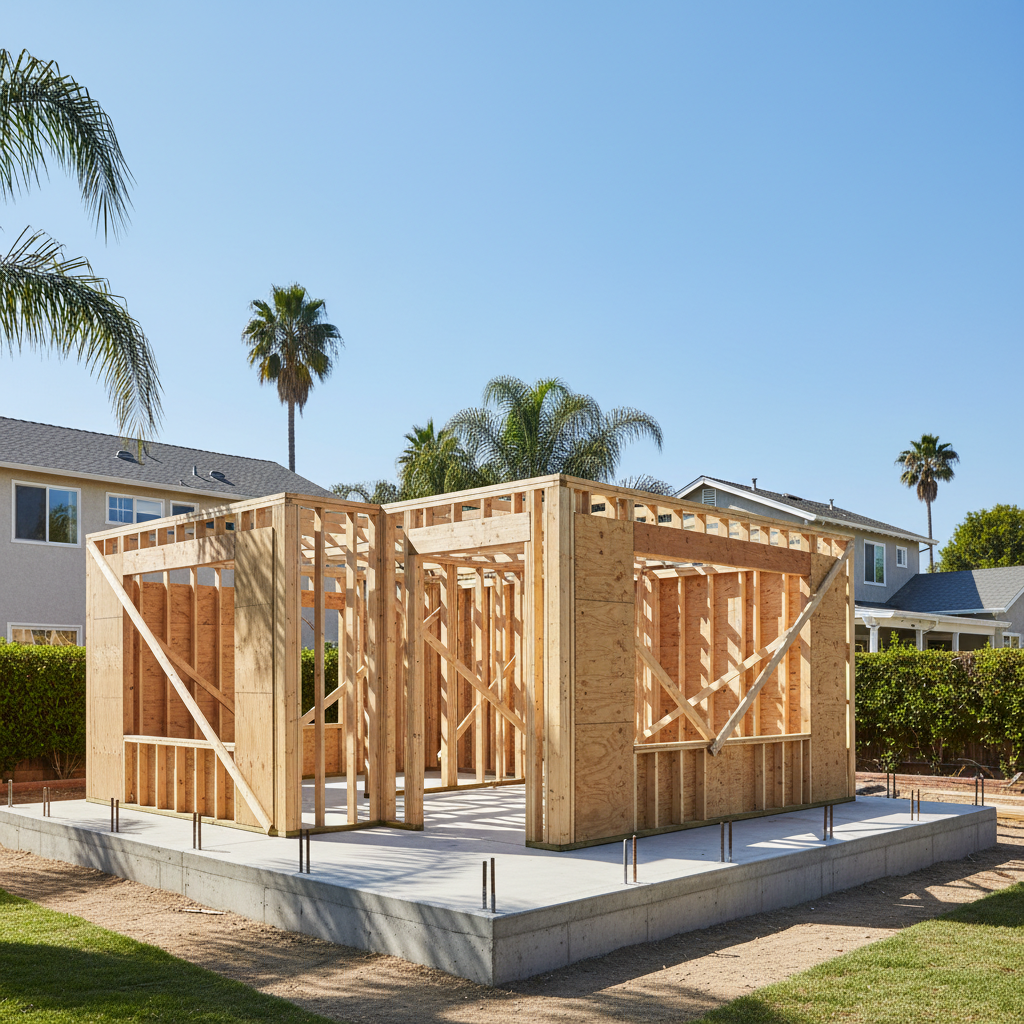 Photorealistic wide exterior shot of a modern detached ADU under construction in a residential backyard. Visible structural framing, plywood shear walls, and a