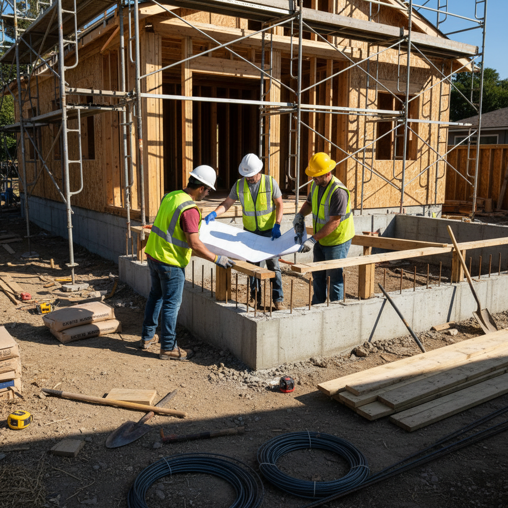 Converting Your Detached Workshop or Storage Building into an ADU — A detailed close-up shot of a construction site showing workers inspecting or reinforcing th