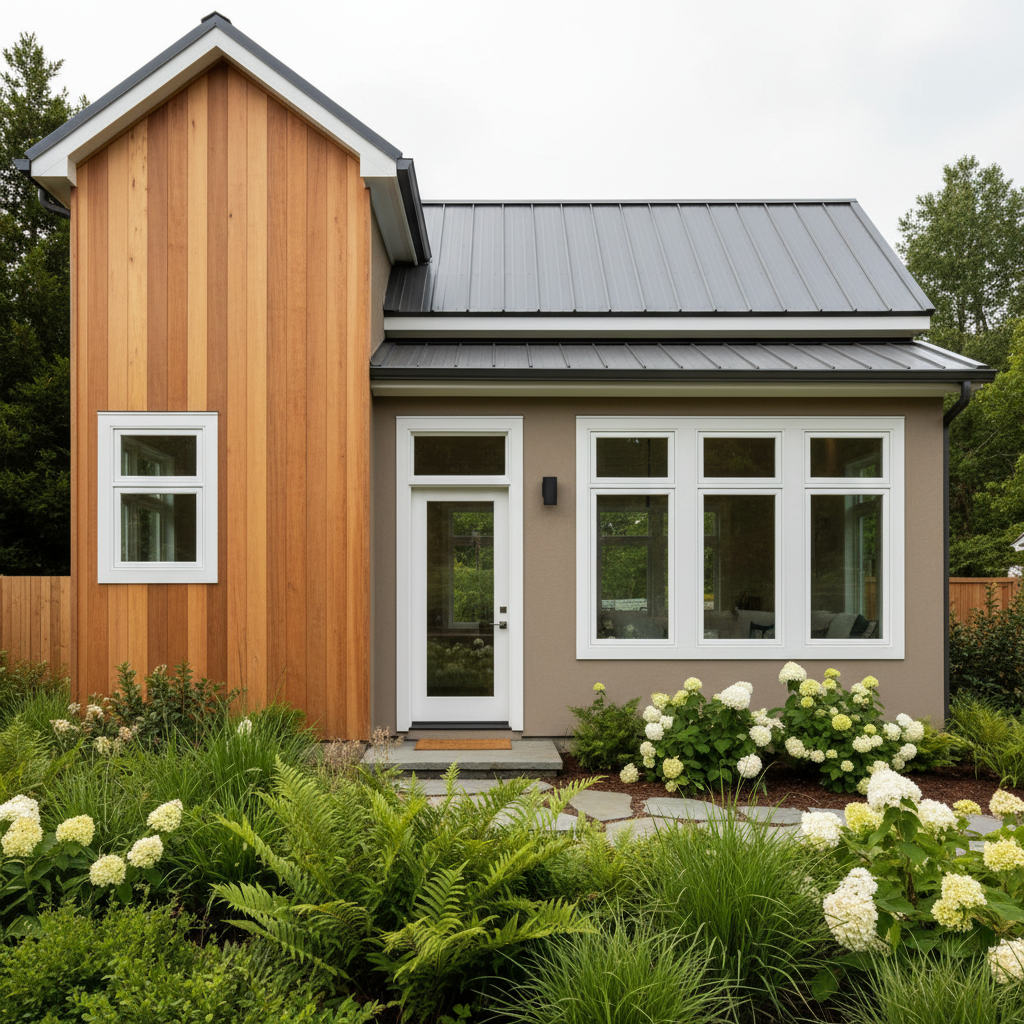 ADU Exterior Color Selection: Choosing Finishes That Work — An architectural rendering or photo of a beautifully designed ADU with a distinct three-color scheme
