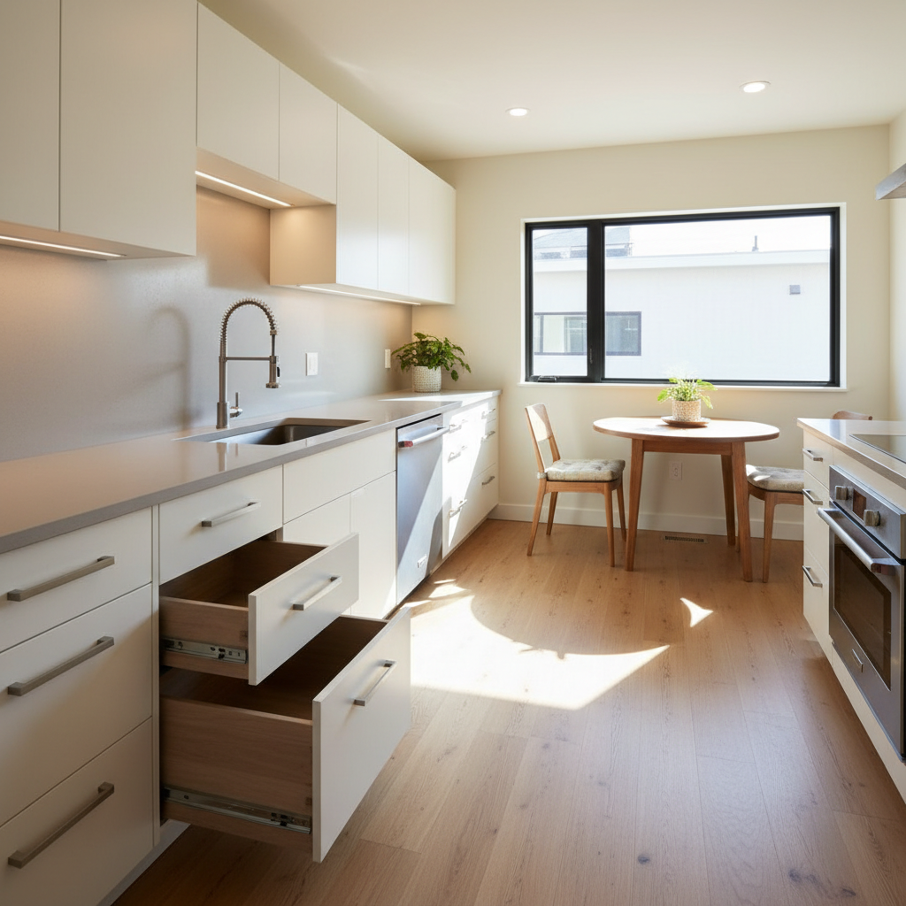 The Rise of ADU for Multigenerational Living in California — An interior shot of a thoughtfully designed, accessible kitchen within an ADU, featuring lower coun