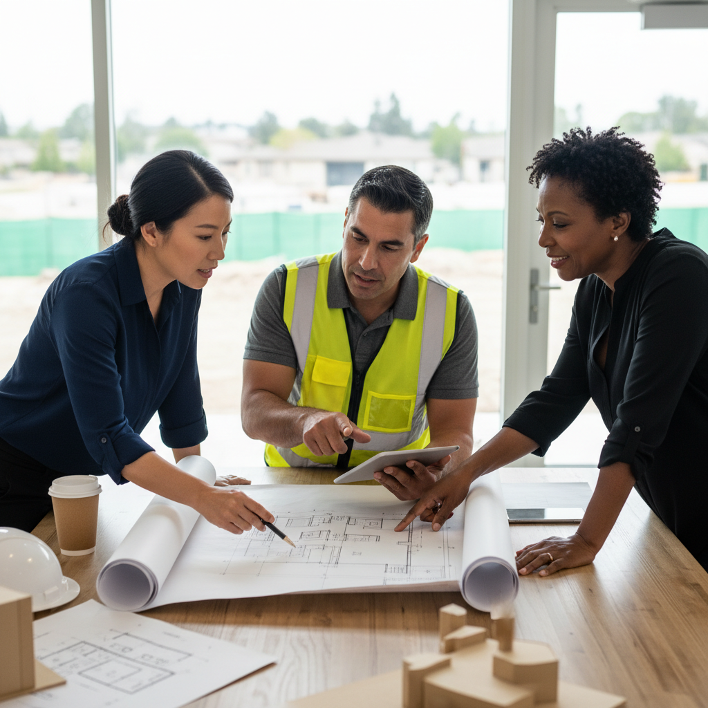 ADU Design-Build Firms: Your Path to a Seamless Backyard Home — A diverse team of professionals – an architect with blueprints, a construction manager with a ta