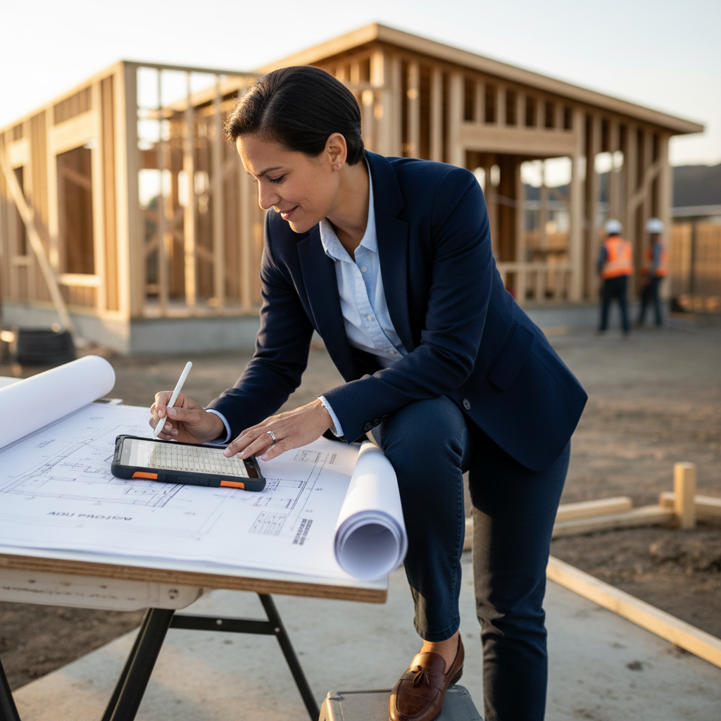 What is a Span Table in ADU Floor Framing Engineering? — Photorealistic image of a structural engineer, mid-30s, diverse ethnicity, wearing smart casual attire,