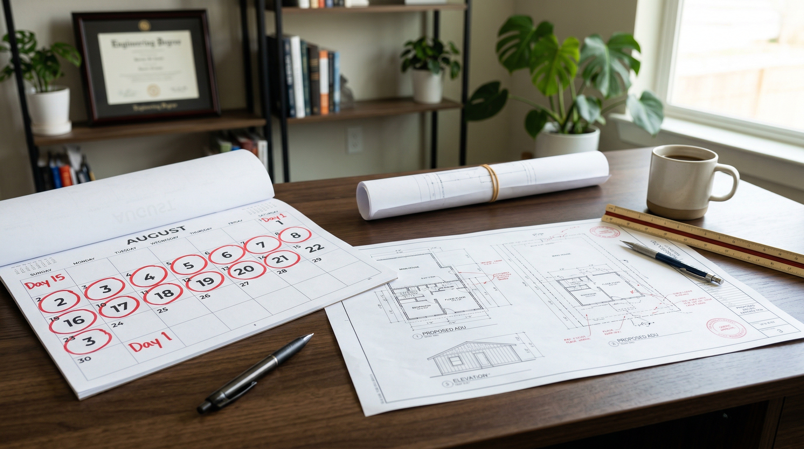 Calendar showing 15-day ADU permit processing timeline