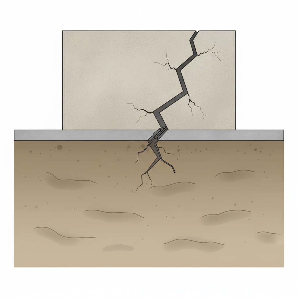 What Is Soil Bearing Capacity & How It Affects ADU Foundations — A schematic illustration showing an ADU foundation with visible signs of distress due to inadeq