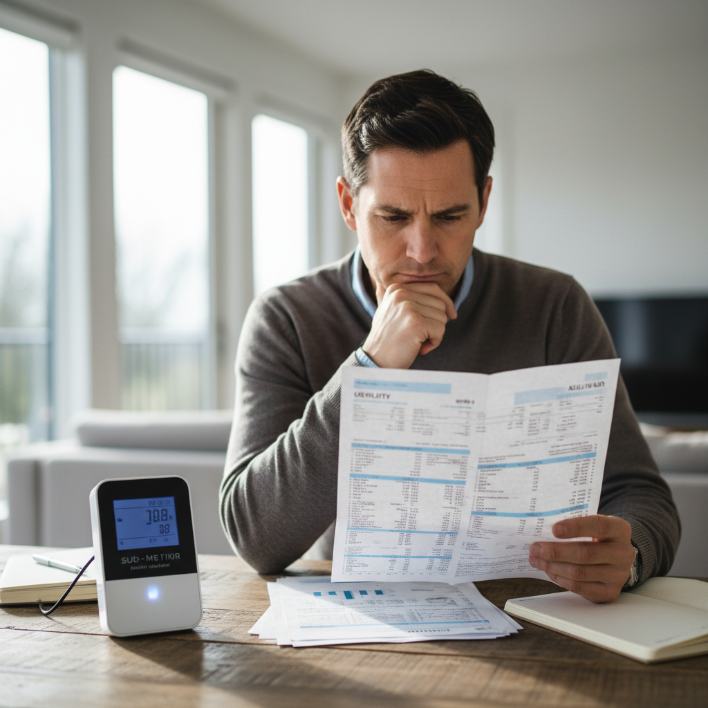 ADU Utilities: Shared or Separate for Your California Backyard Home? — A homeowner looking thoughtfully at a complex utility bill, perhaps with a sub-meter read