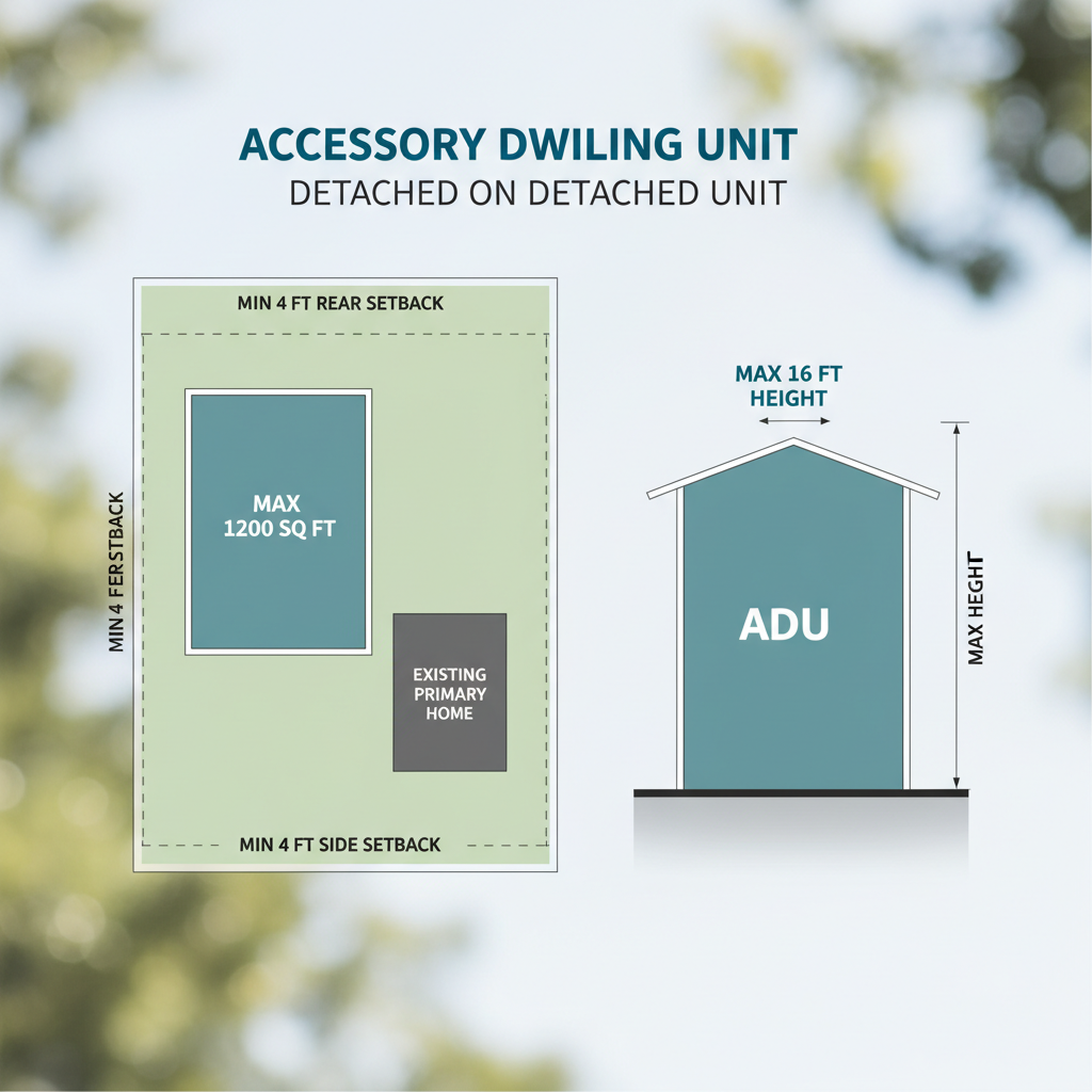 California Detached ADU Size Limits: What You Need to Know — A vibrant infographic or diagram visually explaining California's ADU size limits, showing the 1200