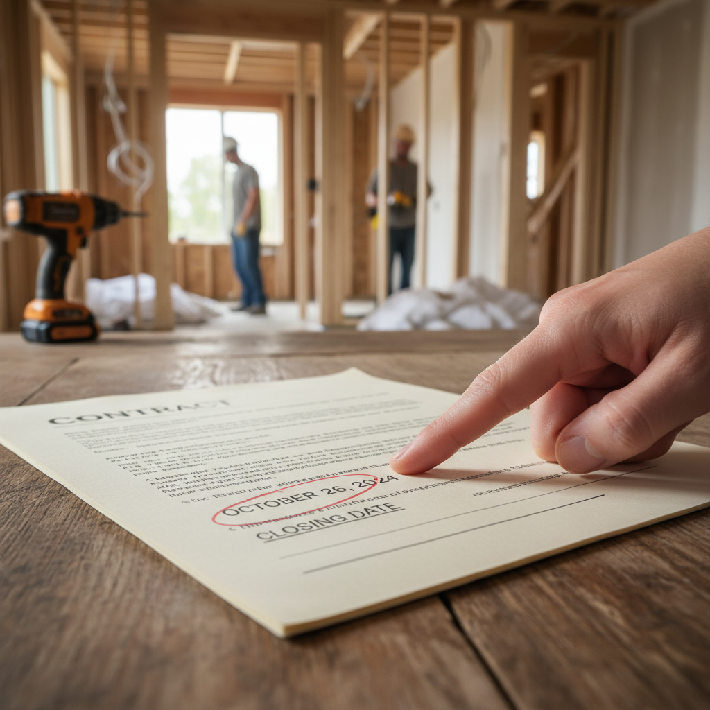 Substantial Completion in ADU Construction: Why it Matters — A hand pointing to a date on a calendar or a contract document, emphasizing the 'date matters' aspe