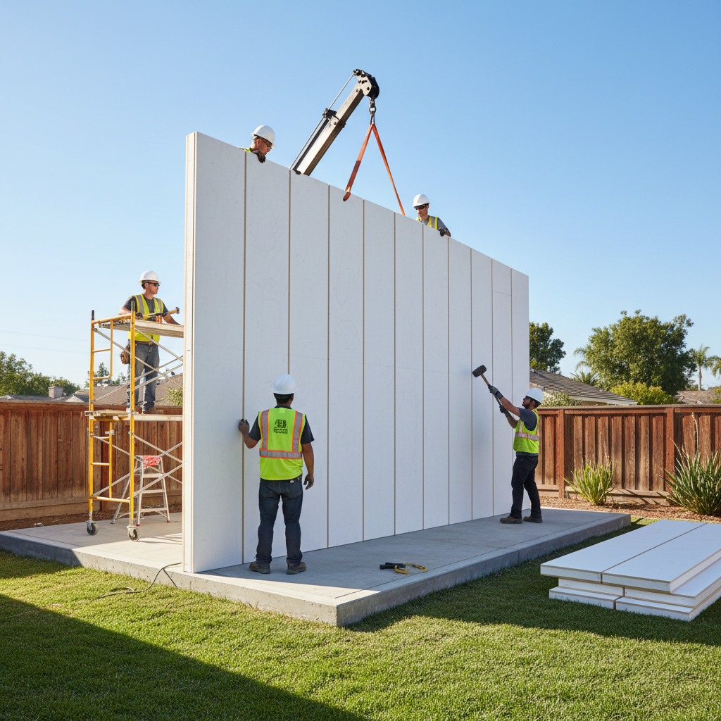 Structural Insulated Panels for ADUs: A Complete Guide — A construction crew efficiently assembling a wall section of an ADU using large Structural Insulated Pa