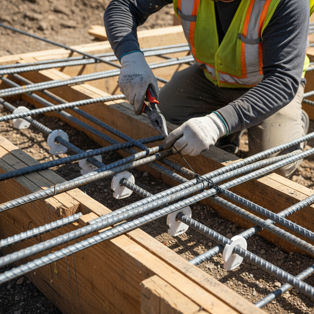 Rebar in ADU Foundation: Strength & Specification Explained — A photorealistic, detailed view of an ironworker using tie wire to secure two intersecting rebar b