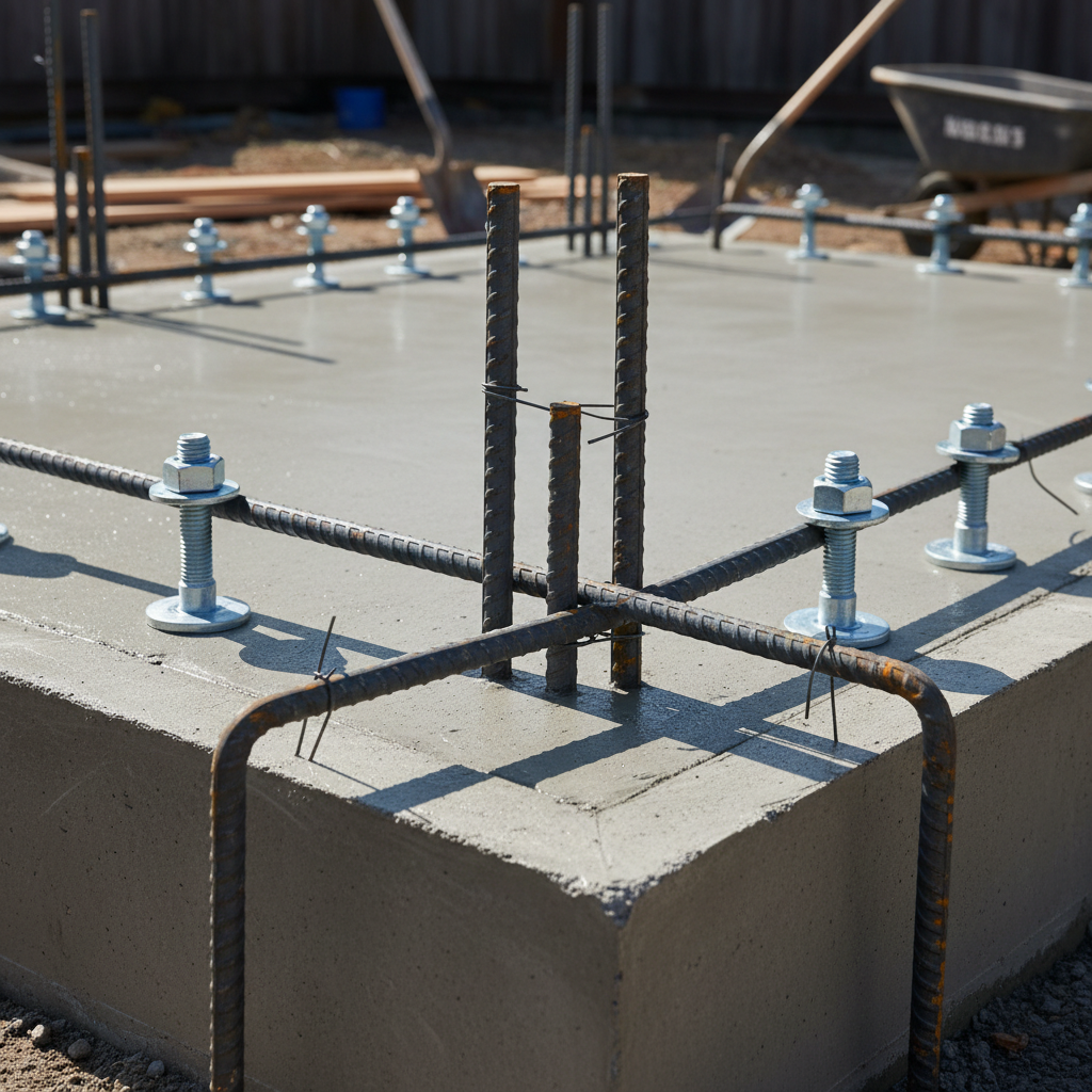 Shear Walls: Essential for California ADUs — Close-up of a new concrete ADU foundation with visible anchor bolts and rebar connections for shear wall hold-downs