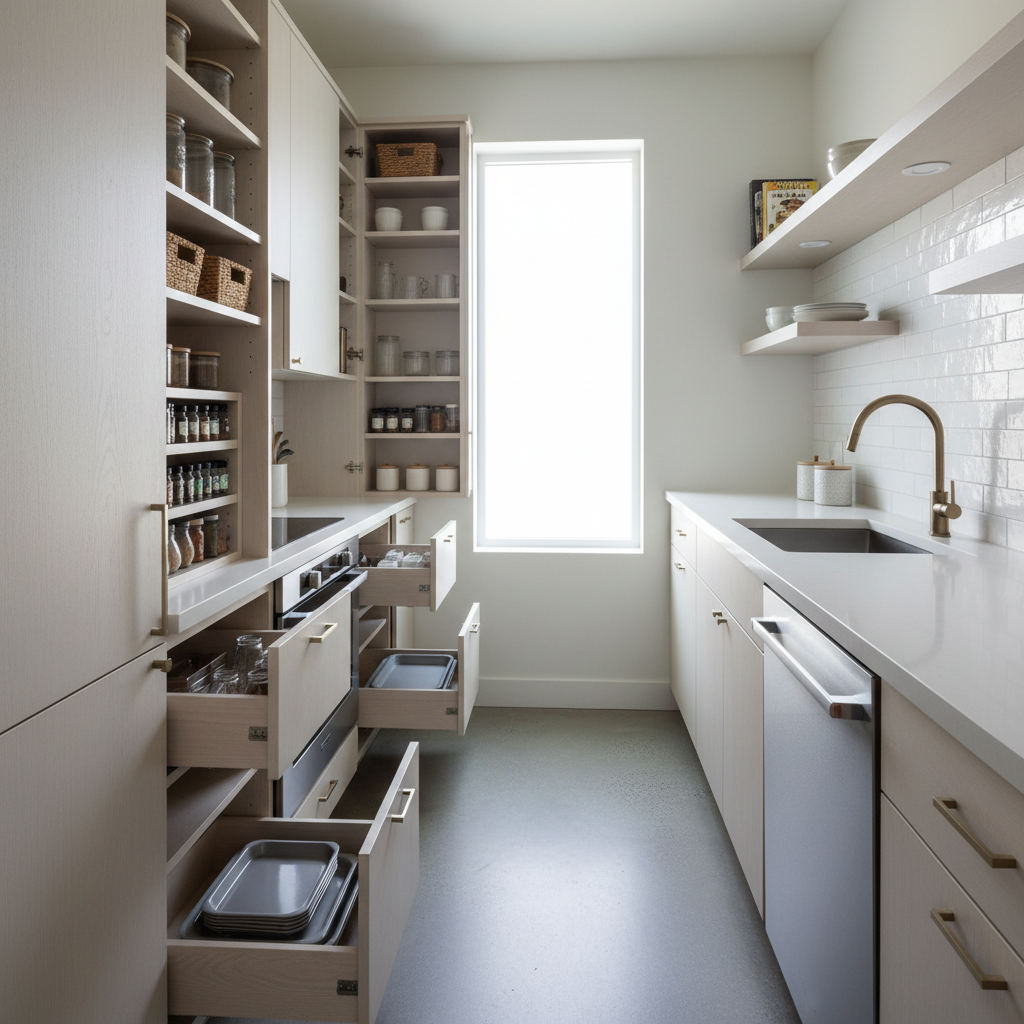Galley Kitchens for ADUs: Space-Saving & Stylish — An eye-level view inside a compact, yet highly functional galley kitchen within an ADU. The image highlights