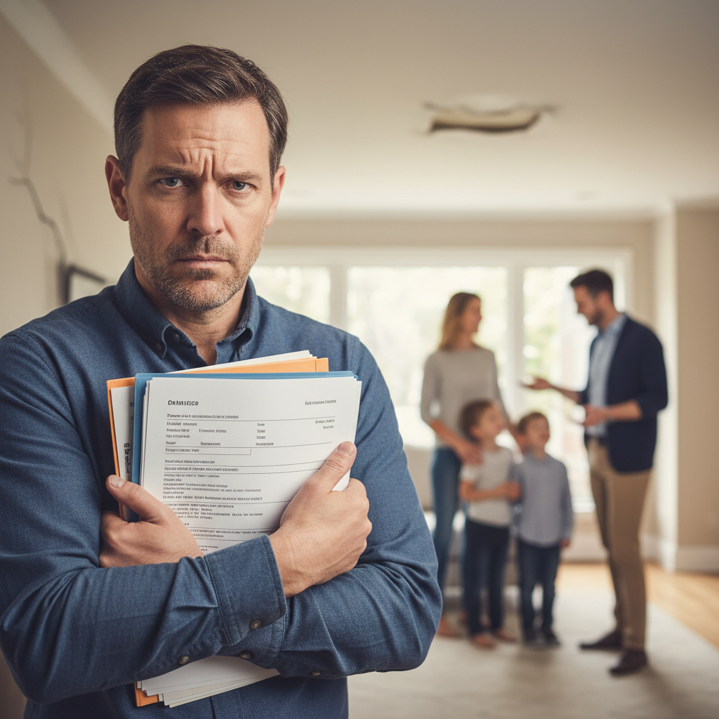 Selling Your Home with an Unpermitted ADU in California? — A stressed homeowner with furrowed brows, holding a stack of real estate documents, while in the blur