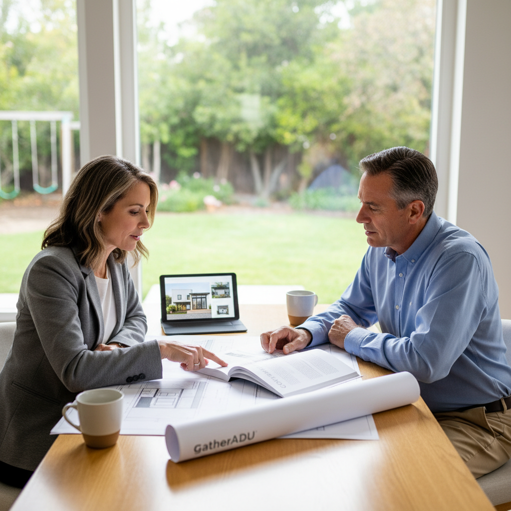 What Is the California ADU Handbook and How Homeowners Can Use It — A professional-looking homeowner, perhaps in their 40s or 50s, sitting at a clean, modern de