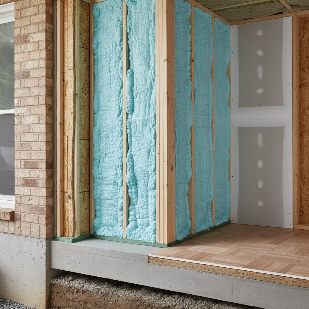 Converting a Garage to an ADU: Navigating Title 24 — Photorealistic cross-section diagram showing a garage wall being insulated with modern materials (e.g., spr