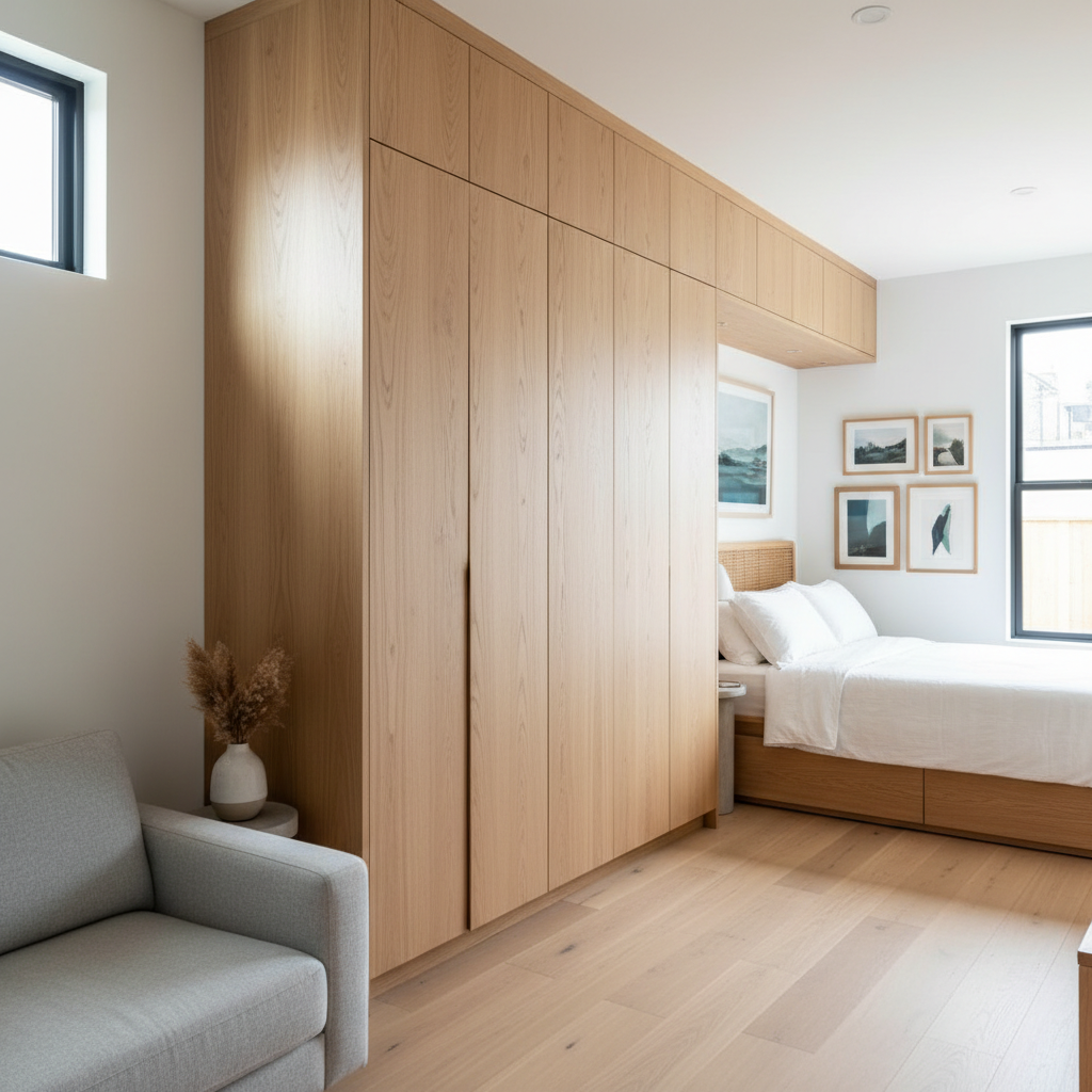 What Is a Built-In Wardrobe & How to Plan for One in an ADU — A stylish ADU living space or bedroom with a custom built-in wardrobe seamlessly integrated into a