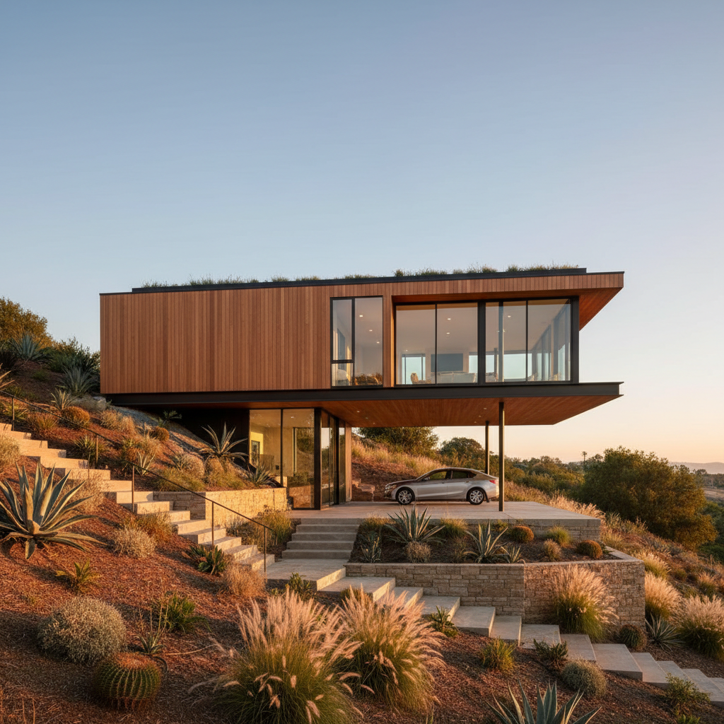 Cantilevers in ADU Design: Structural Innovation & Uses — A contemporary ADU built on a moderately sloped site in California, effectively utilizing a cantilever