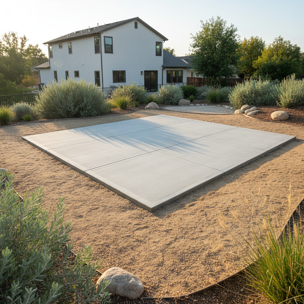 What Is an ADU Grading Plan and When Do You Need One? — A photorealistic image illustrating a completed ADU foundation on a leveled, well-drained pad in a Calif