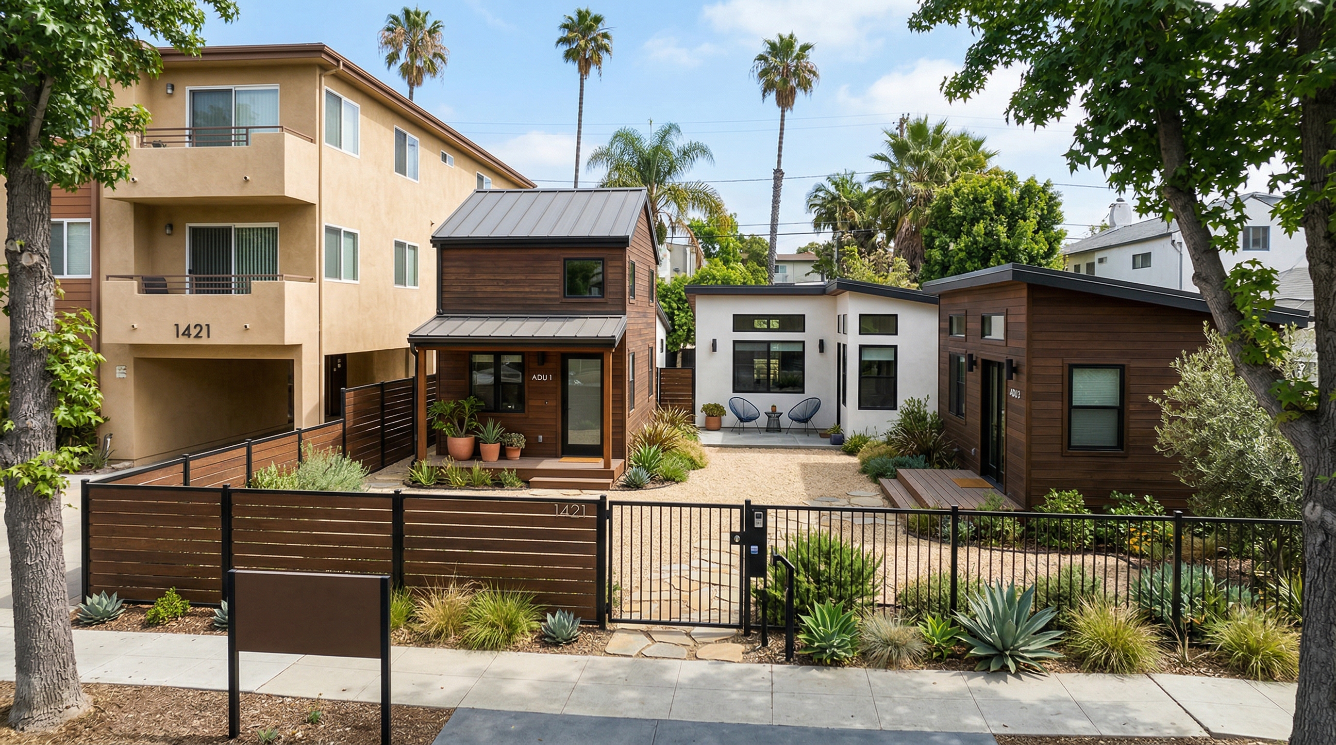 ADU cottages arranged in courtyard on multifamily lot