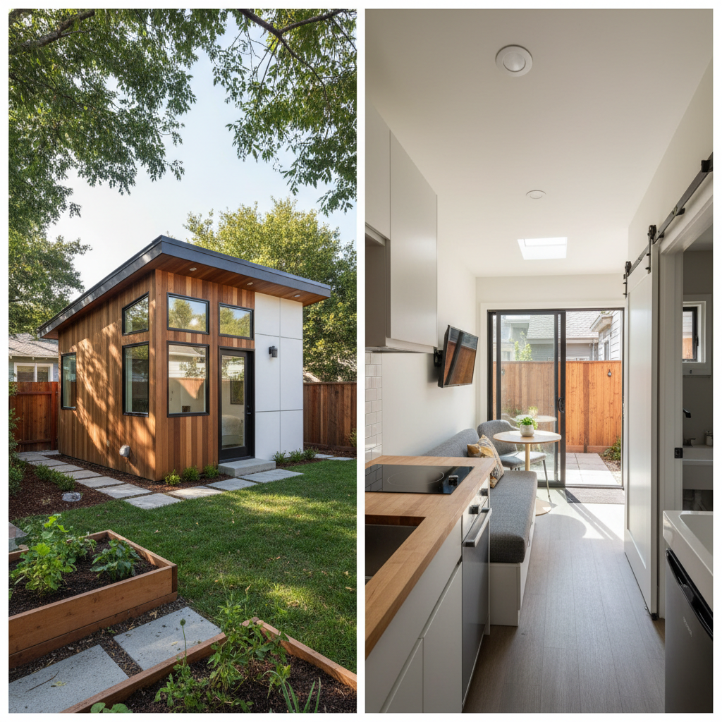 Detached ADU vs. JADU: Choosing Your Backyard Home — A side-by-side comparison image: on the left, a well-defined, architecturally distinct detached ADU in a ba