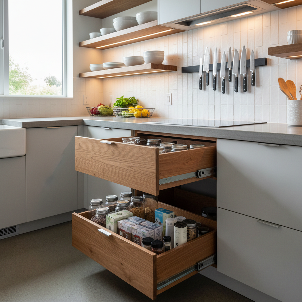 Micro-Kitchens in ADUs: Maximizing Space & Function — A detailed view of smart storage solutions in a micro-kitchen ADU. Highlight a pull-out pantry drawer, mag