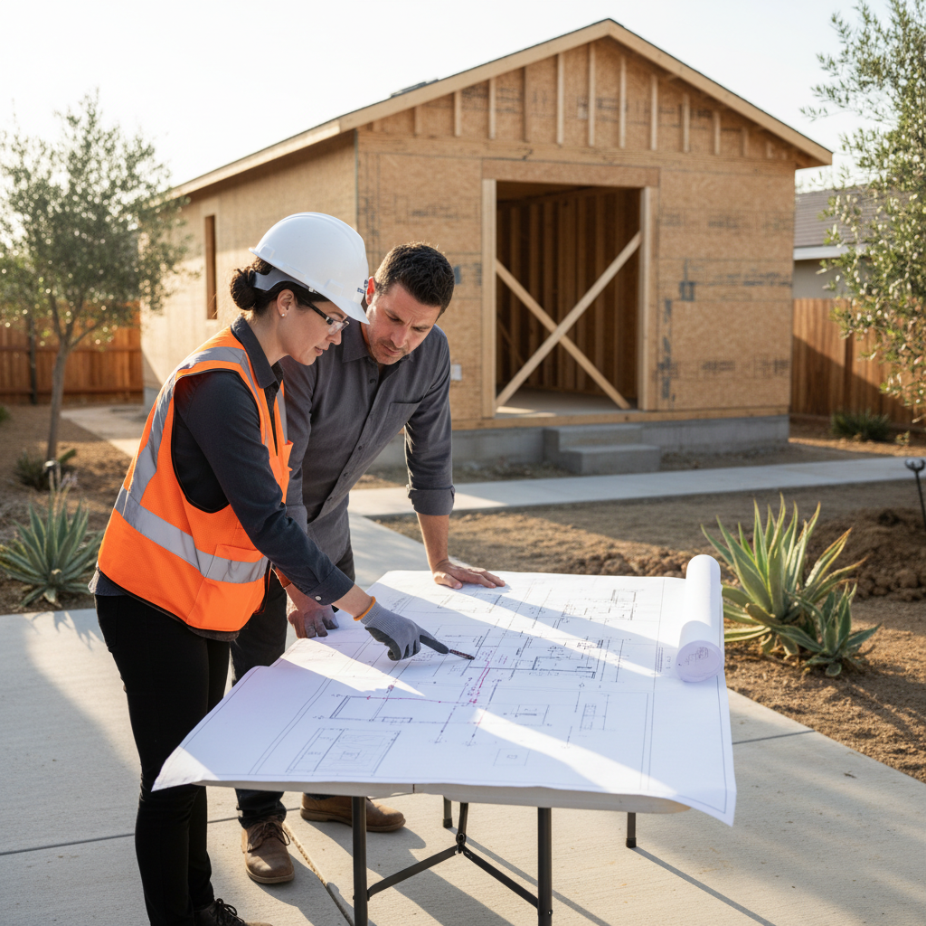 ADU Utilities: Shared or Separate in California? — A licensed ADU contractor or civil engineer, wearing a hard hat and safety vest, pointing to detailed bluepri