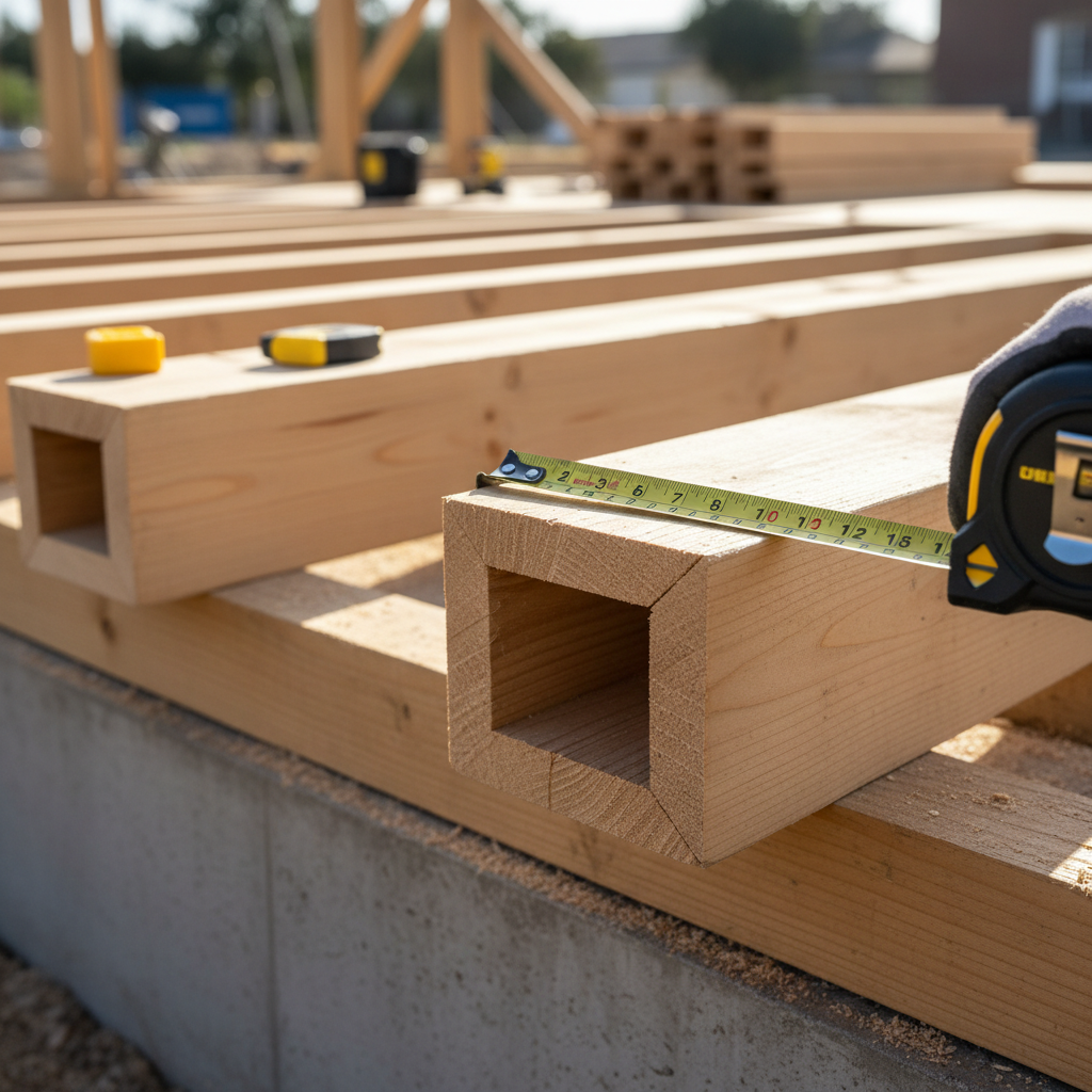 ADU Floor Joist Sizing: What They Are & Why It Matters — Close-up of an engineered wood I-joist being installed in an ADU floor frame, highlighting its distinct