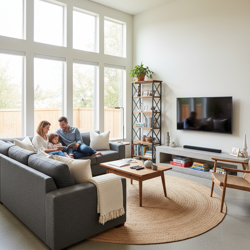 ADU Structural Engineering: Dead Load vs. Live Load Explained — A vivid, photorealistic interior shot of a beautifully furnished, modern ADU living space. A fam
